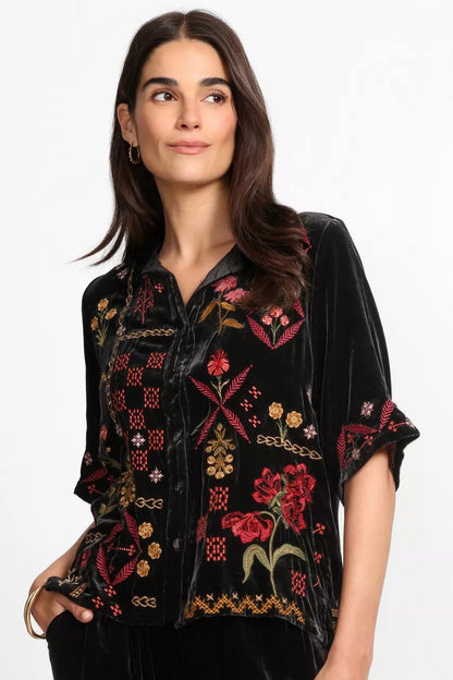Johnny Was RUFFLE NECK VELVET SHIRT