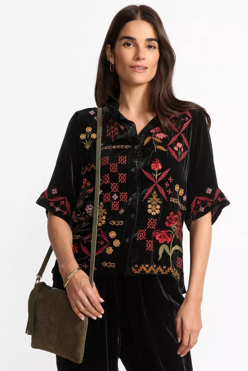 Johnny Was RUFFLE NECK VELVET SHIRT