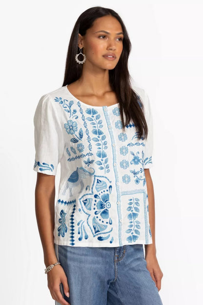 Johnny Was LINEN FLUTTER SLEEVE BLOUSE