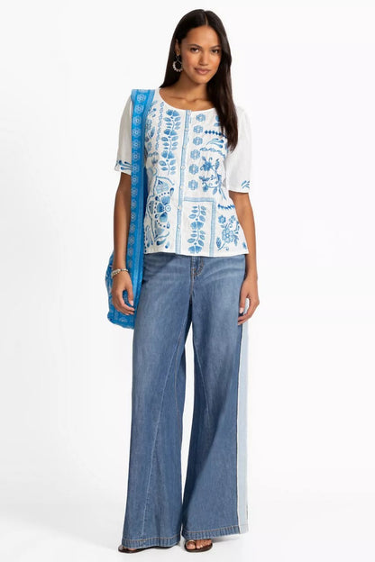 Johnny Was LINEN FLUTTER SLEEVE BLOUSE