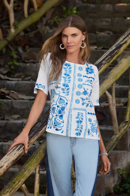 Johnny Was LINEN FLUTTER SLEEVE BLOUSE