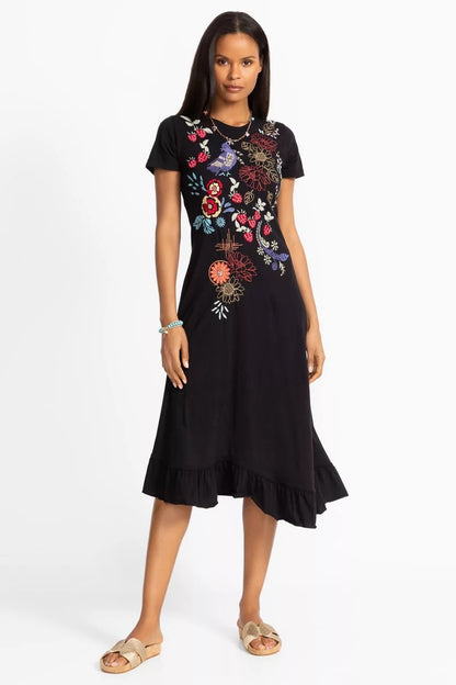 Johnny Was ASYMMETRIC RUFFLE FLOUNCE SHORT SLEEVE DRESS