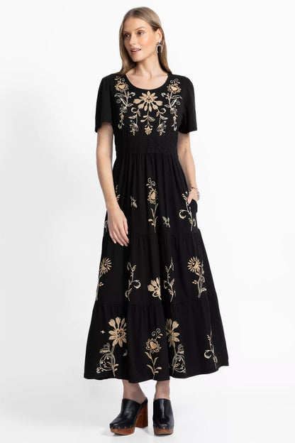 Johnny Was SMOCKED WAIST TIERED MAXI DRESS