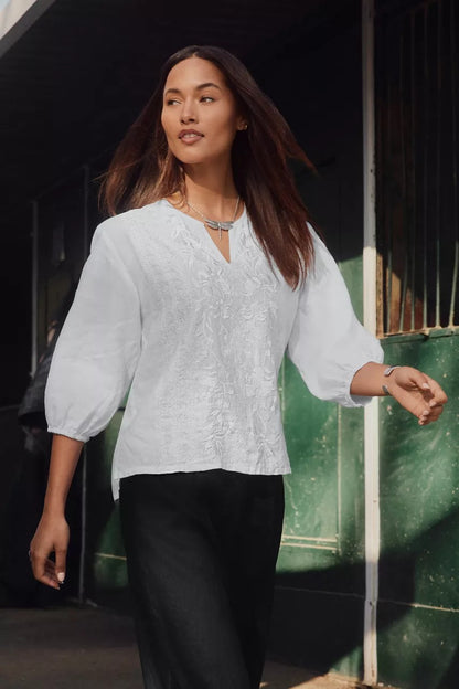 Johnny Was SPLIT NECK LINEN BLOUSE