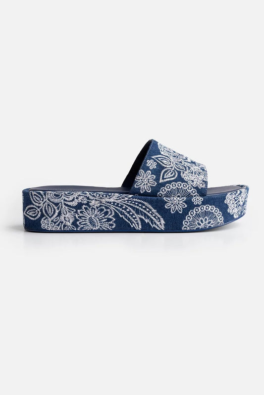 Johnny Was BANDANA EMBROIDERED DENIM PLATFORM SLIDE