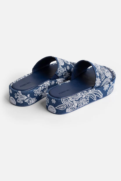 Johnny Was BANDANA EMBROIDERED DENIM PLATFORM SLIDE