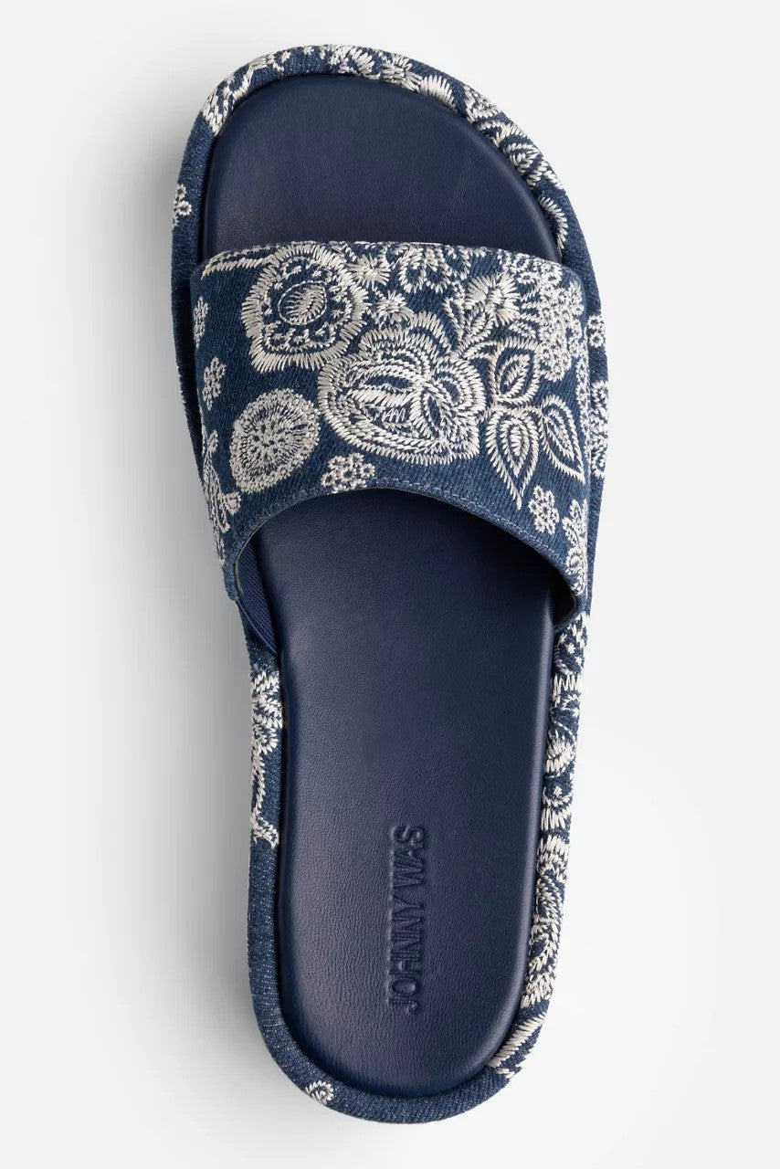 Johnny Was BANDANA EMBROIDERED DENIM PLATFORM SLIDE