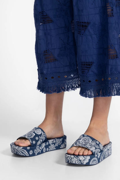 Johnny Was BANDANA EMBROIDERED DENIM PLATFORM SLIDE