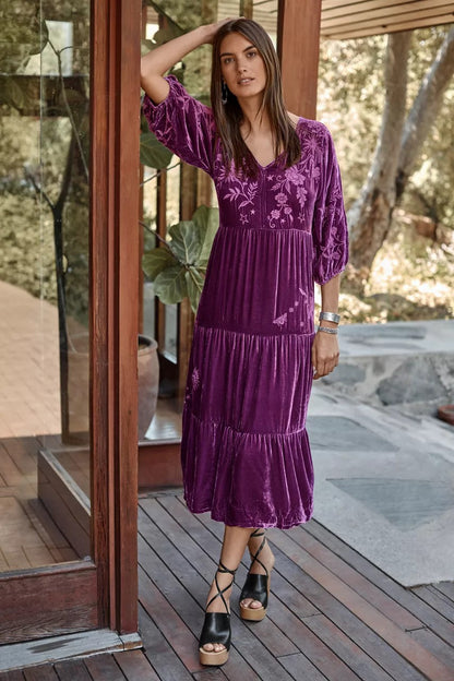 Johnny Was VELVET DOLMAN TIERED DRESS