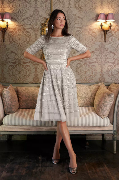 Johnny Was Champagne Beaded Mesh Dress