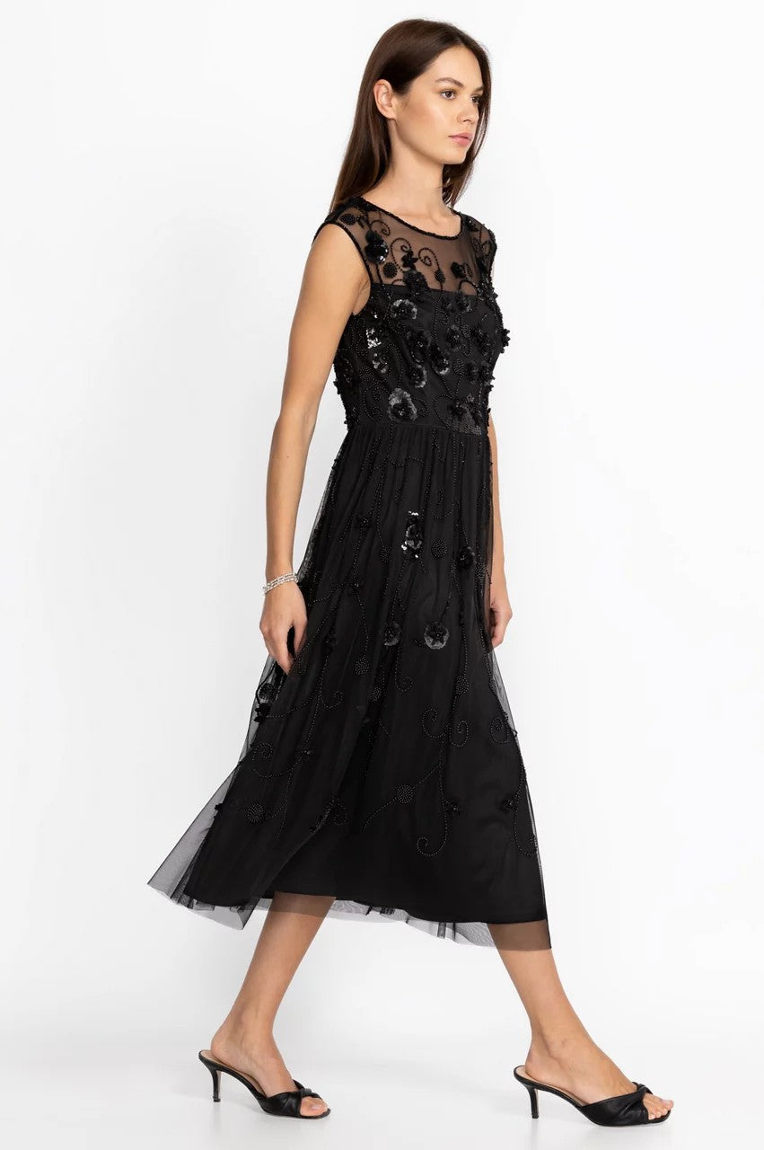 Johnny Was Black Flower Beaded Maxi Dress