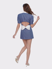 Alia Puff Sleeve Contrast Lapel Blue Dress | Nana Jacqueline