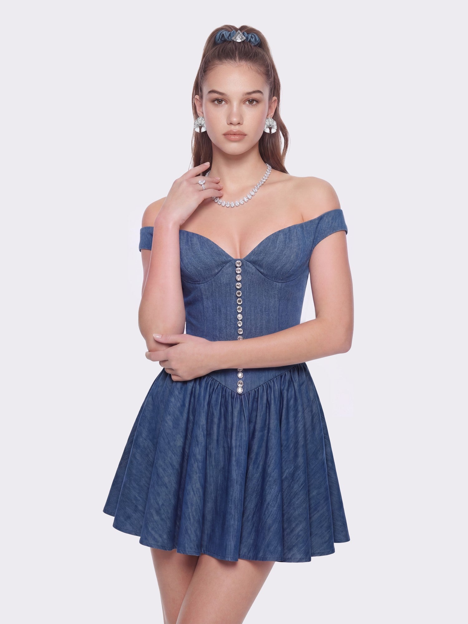 Isabela Crystal Button Blue Dress | Nana Jacqueline