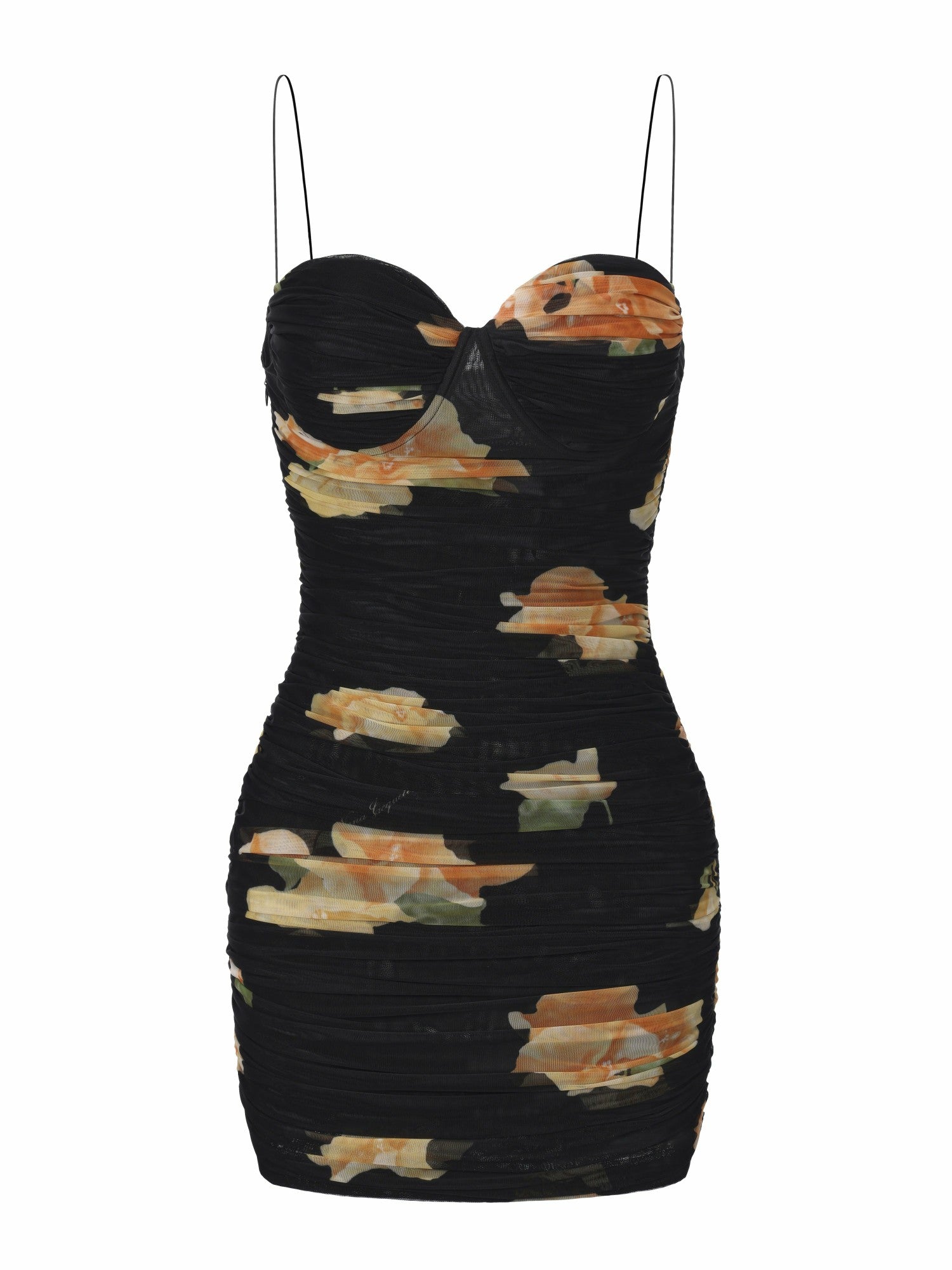 Gia Ruched Mesh Black Floral Dress | Nana Jacqueline