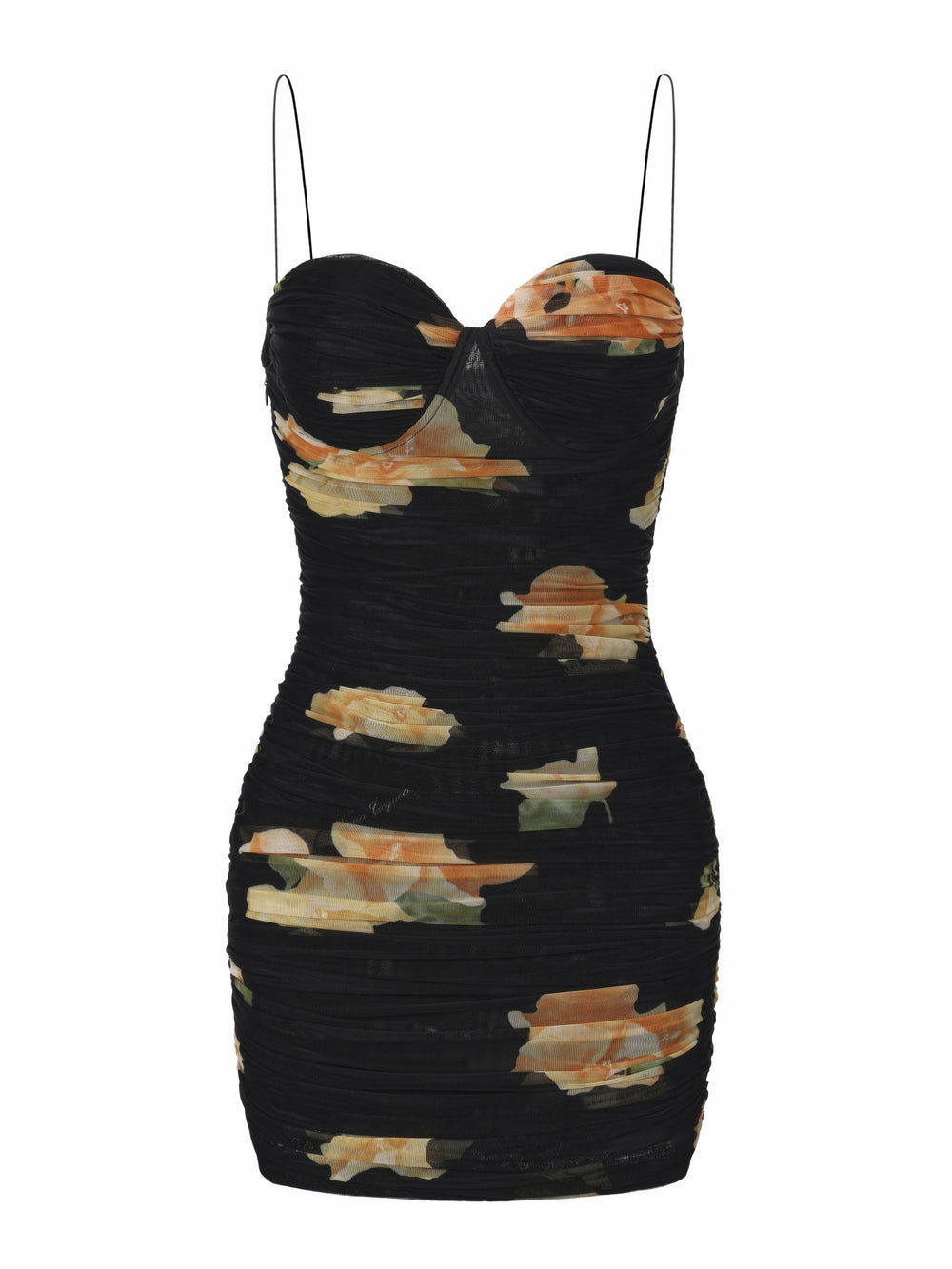 Gia Ruched Mesh Black Floral Dress | Nana Jacqueline