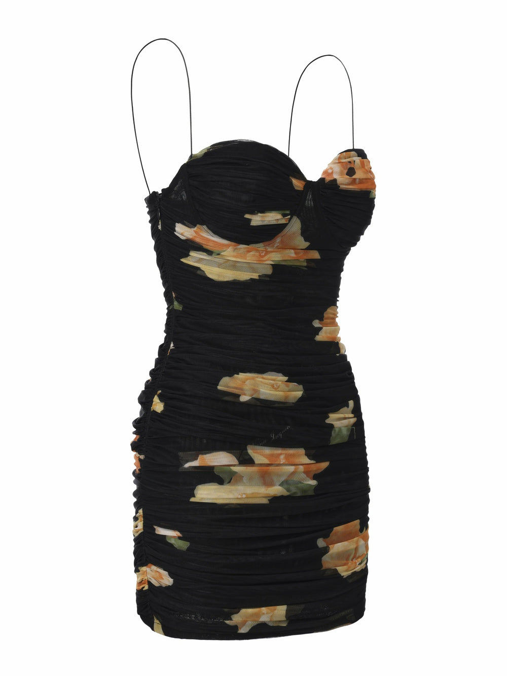Gia Ruched Mesh Black Floral Dress | Nana Jacqueline