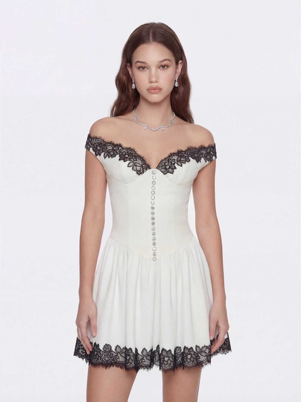 Isabela Lace Trim Off-Shoulder Fitted Mini Dress | Nana Jacqueline