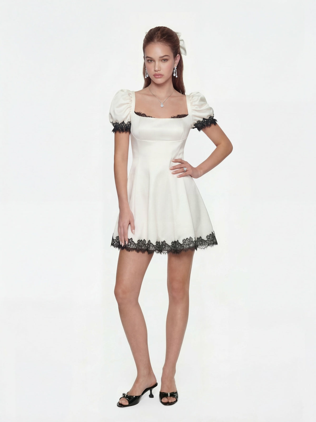 Natalia Puff Sleeve White Satin Mini Dress | Nana Jacqueline
