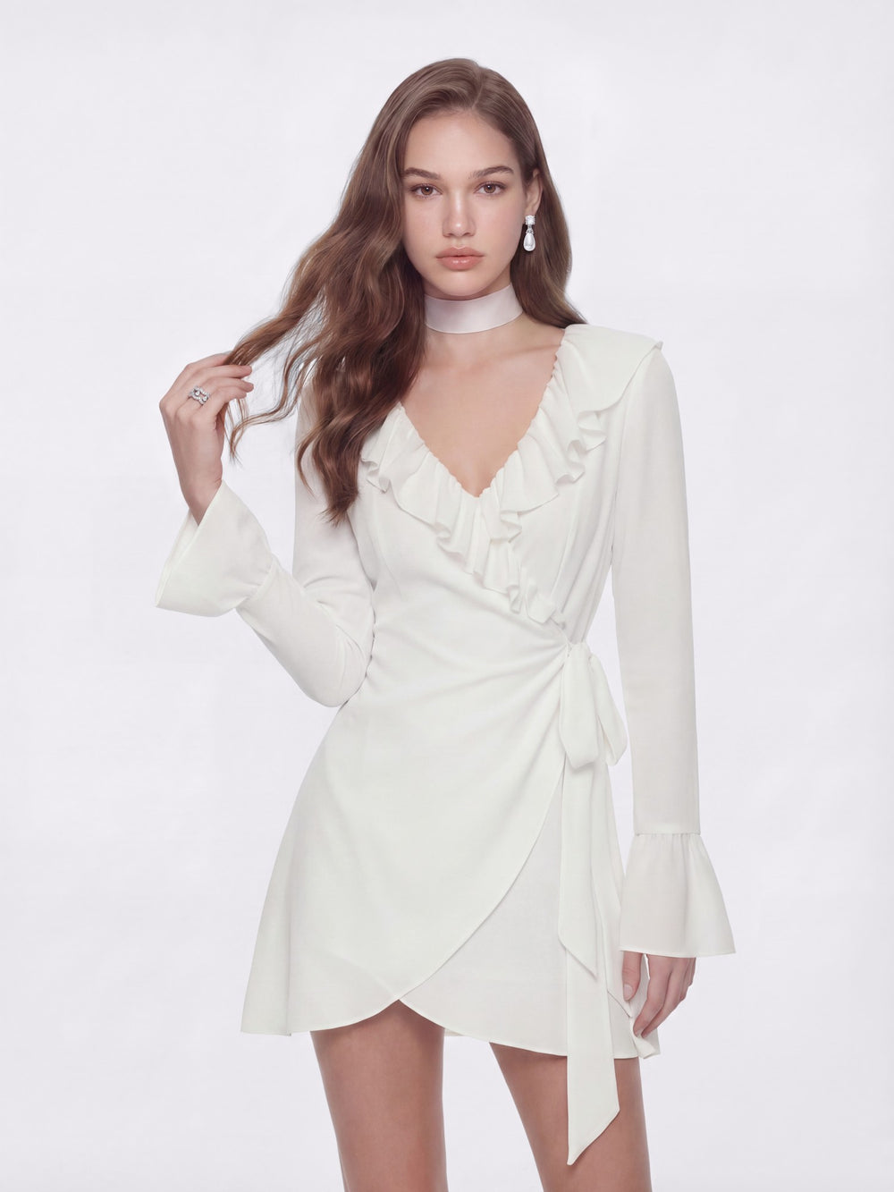 Charlotte V-Neck Ruffle White Dress | Nana Jacqueline