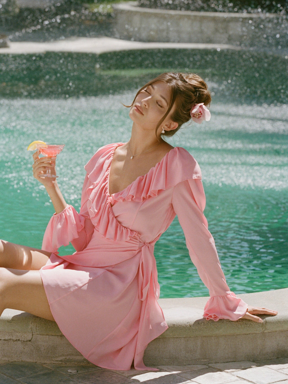 Charlotte Ruffle V-Neck Pink Dress | Nana Jacqueline