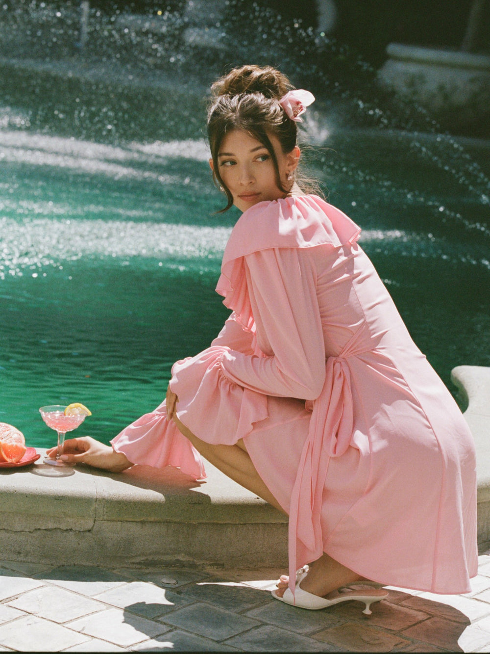 Charlotte Ruffle V-Neck Pink Dress | Nana Jacqueline