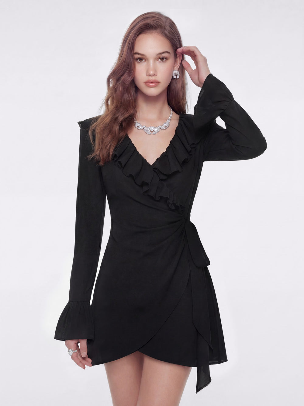 Charlotte Ruffle V-Neck Black Dress | Nana Jacqueline