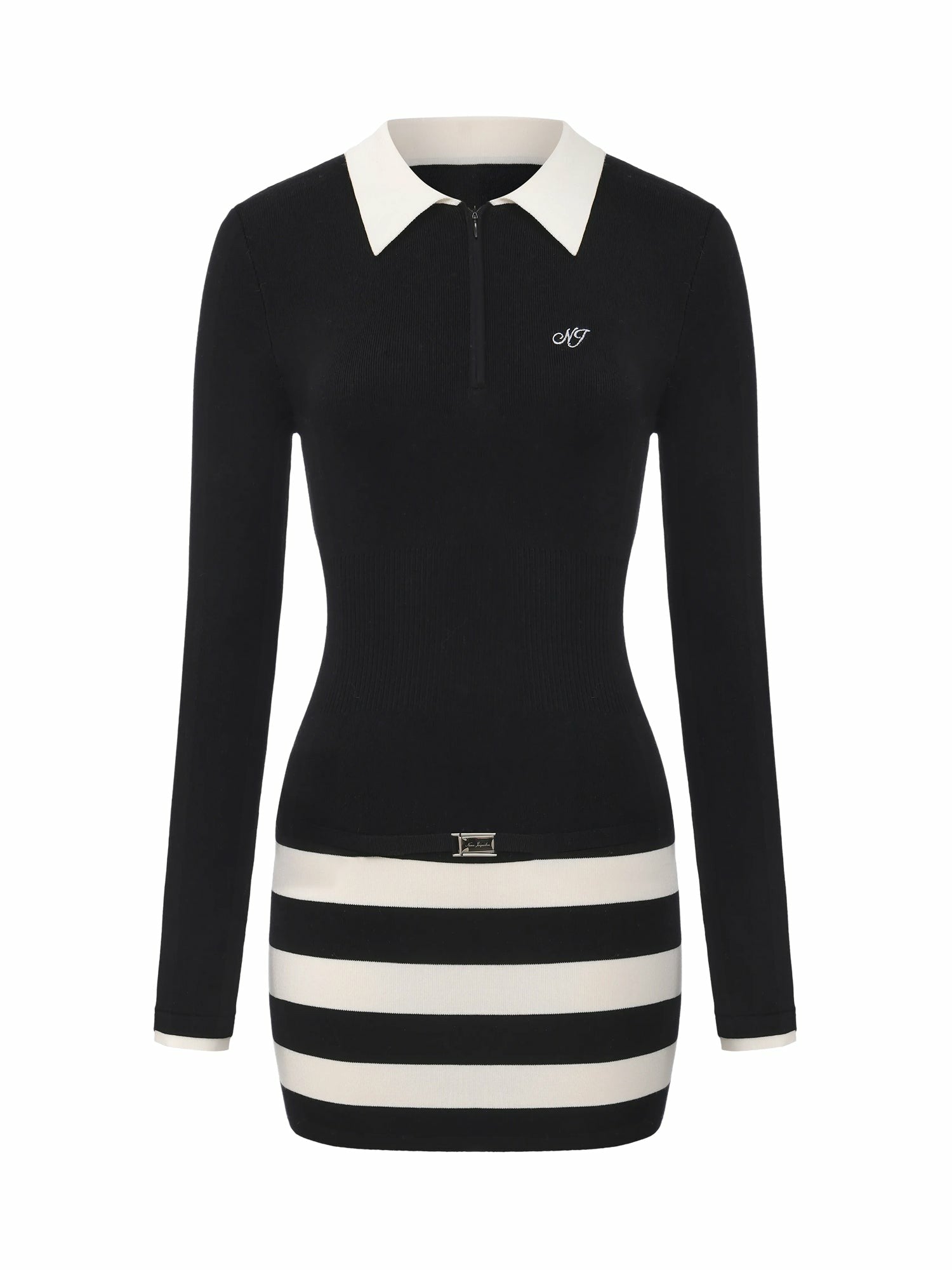 Black Striped Knit Dress with Contrast Collar | Nana Jacqueline