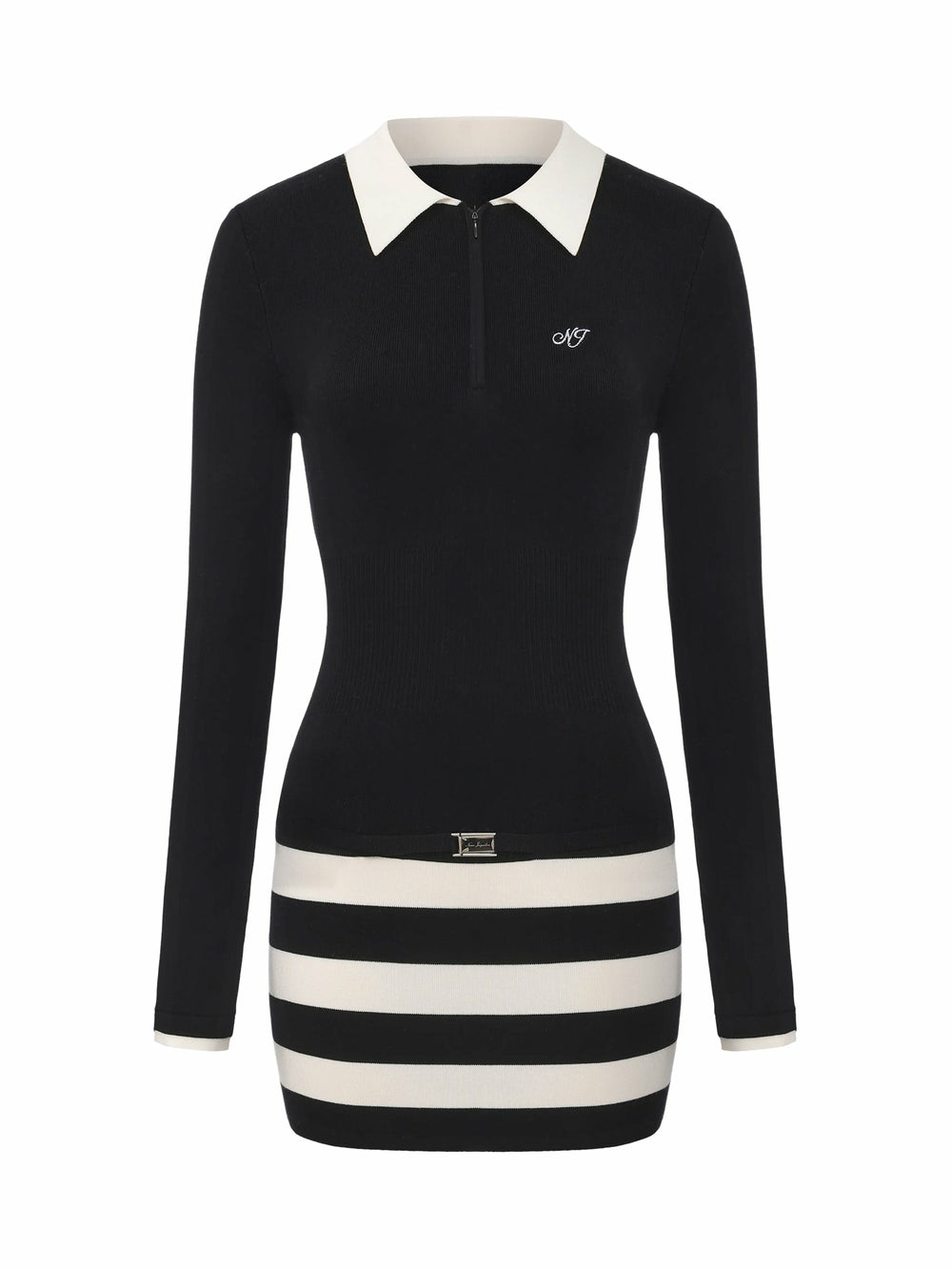 Black Striped Knit Dress with Contrast Collar | Nana Jacqueline