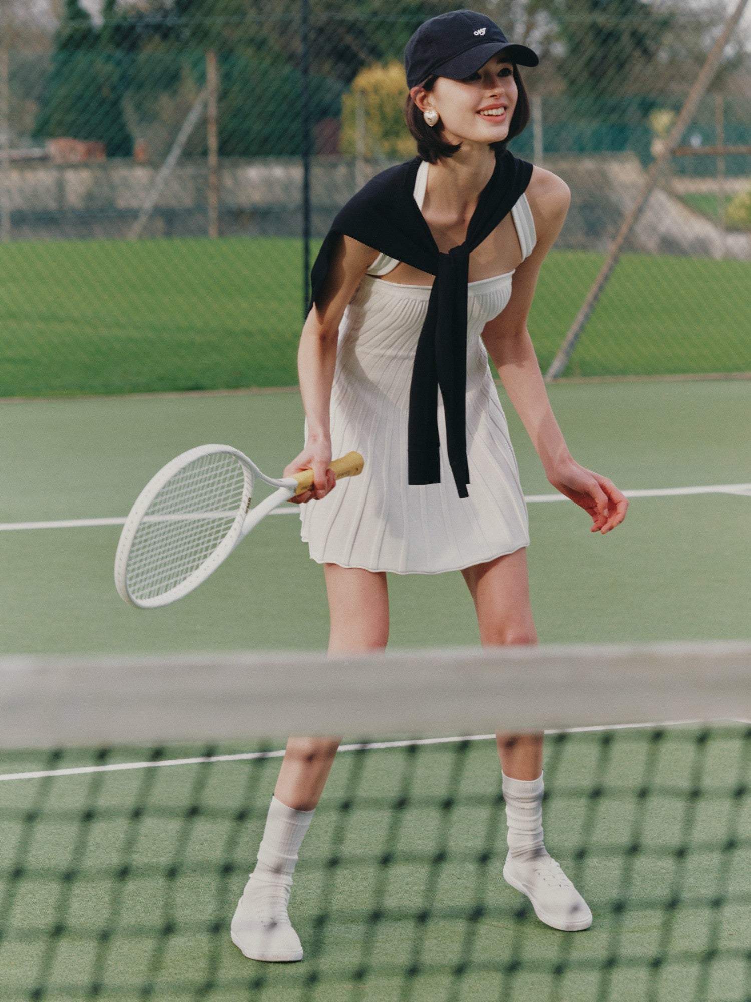 White Reverse Halter Knit Flared Dress | Nana Jacqueline