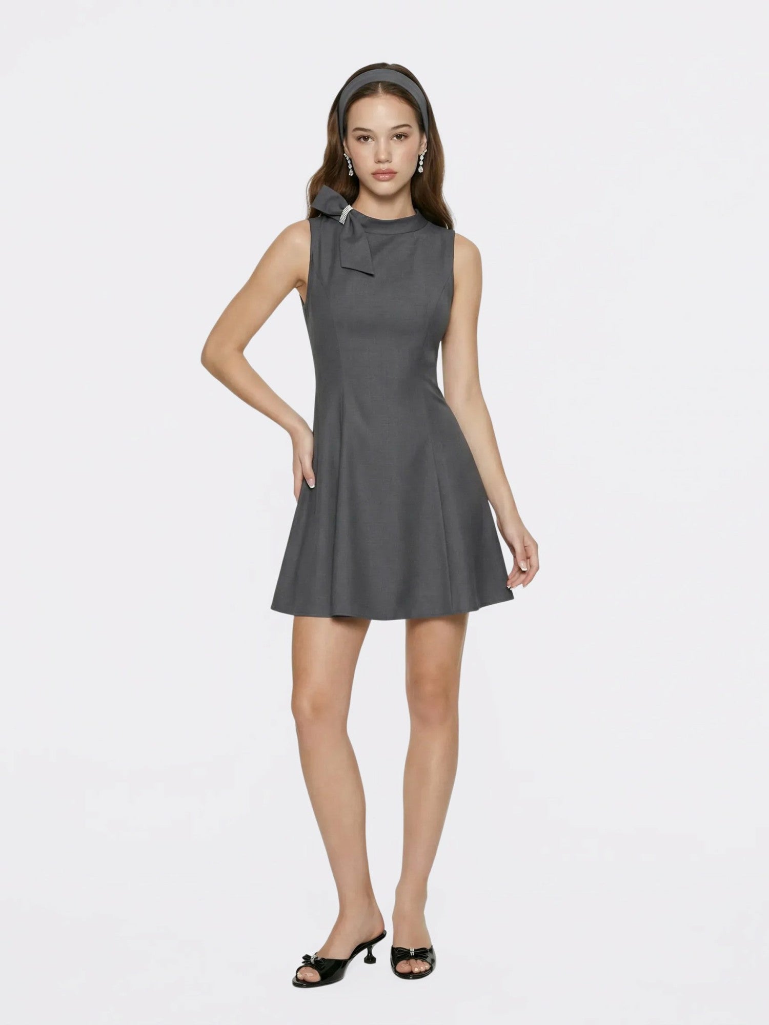 Grey Tailored Mini Dress with Crystal Bow | Nana Jacqueline