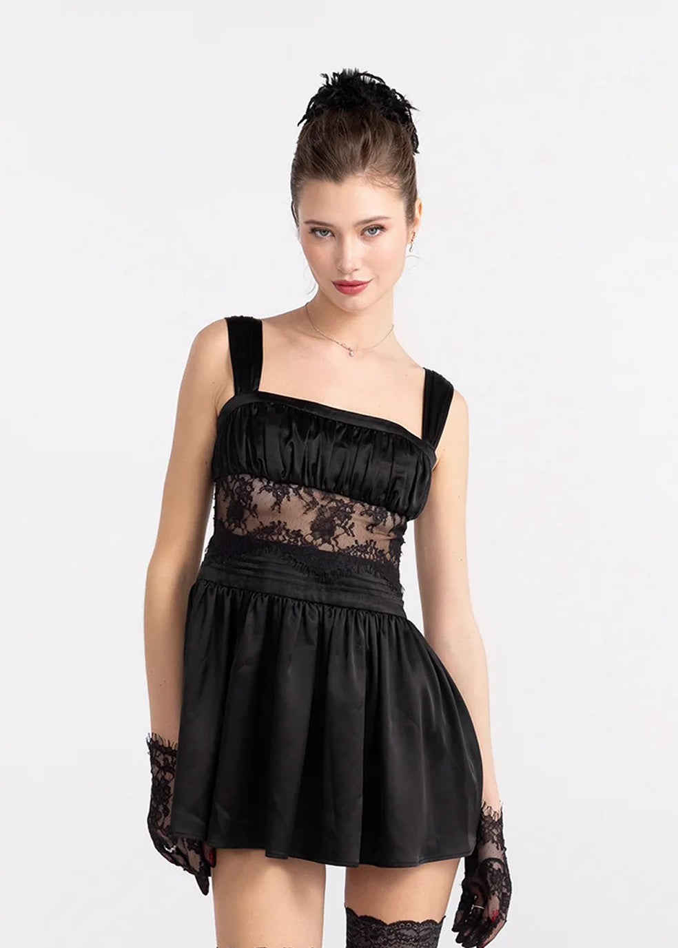 Naomi Lace Satin Mini Dress: Black Mini Dress for Cocktail Party | Nana Jacqueline