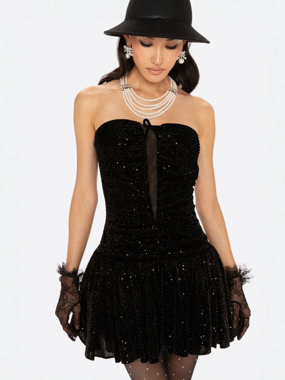 Audrey Sparkle Velvet Mini Dress: Black Mini Dress for Cocktail Party | Nana Jacqueline