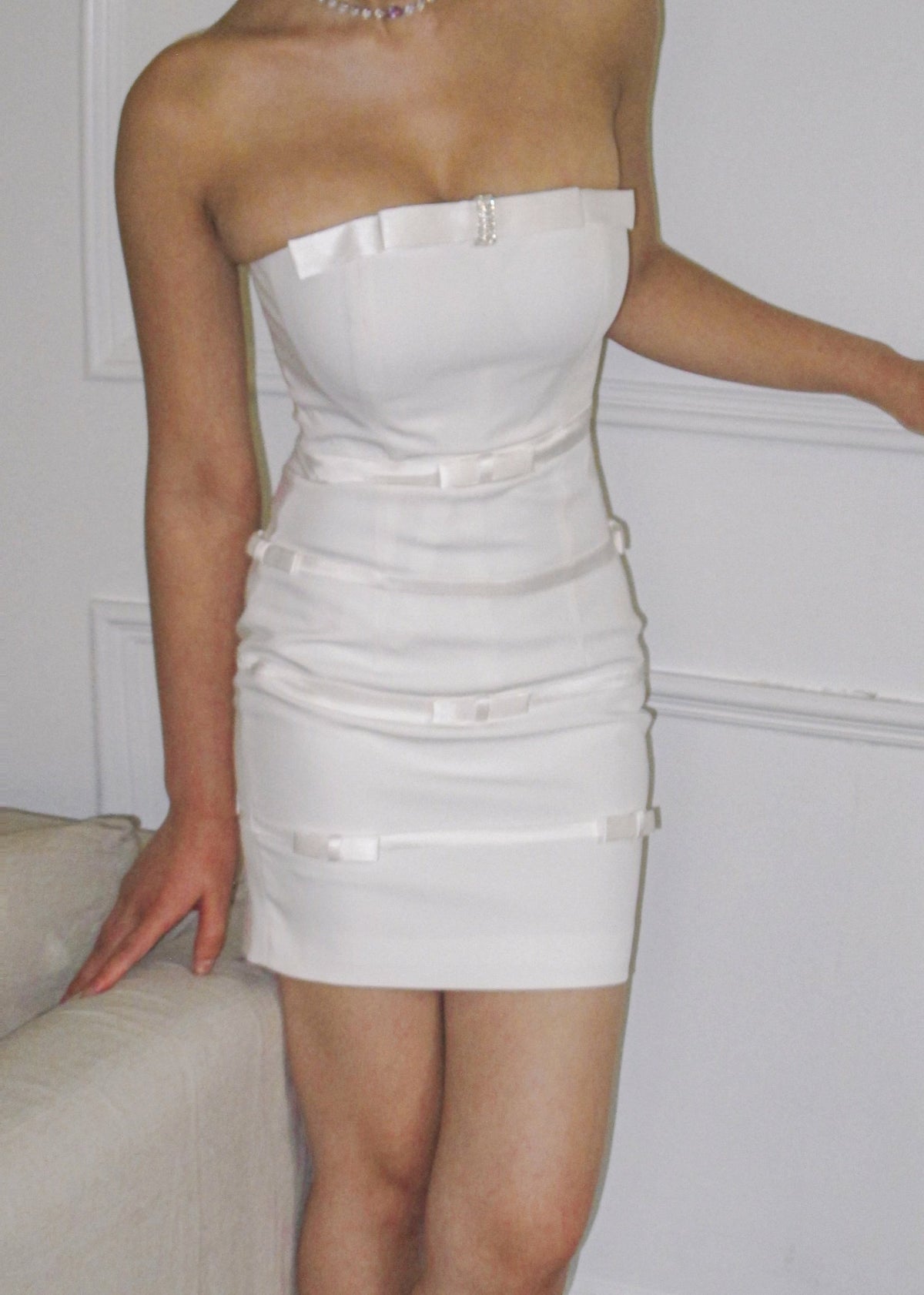 Lucie Bow Dress: White Mini Dress for Bridal Shower | Nana Jacqueline