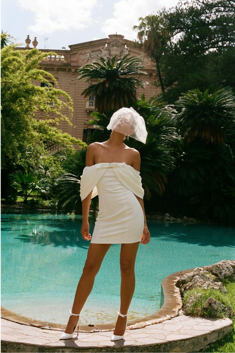 Kate Bow Dress: White Mini Dress for Bridal Shower | Nana Jacqueline
