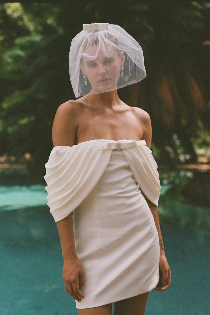 Kate Bow Dress: White Mini Dress for Bridal Shower | Nana Jacqueline