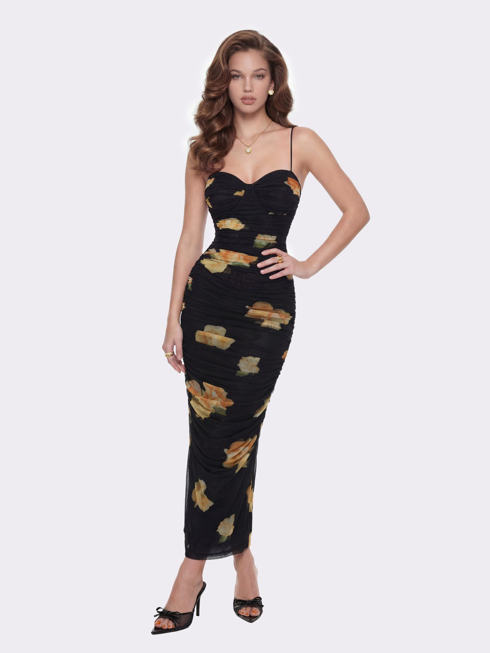 Claudia Ruched Black Floral Dress | Nana Jacqueline