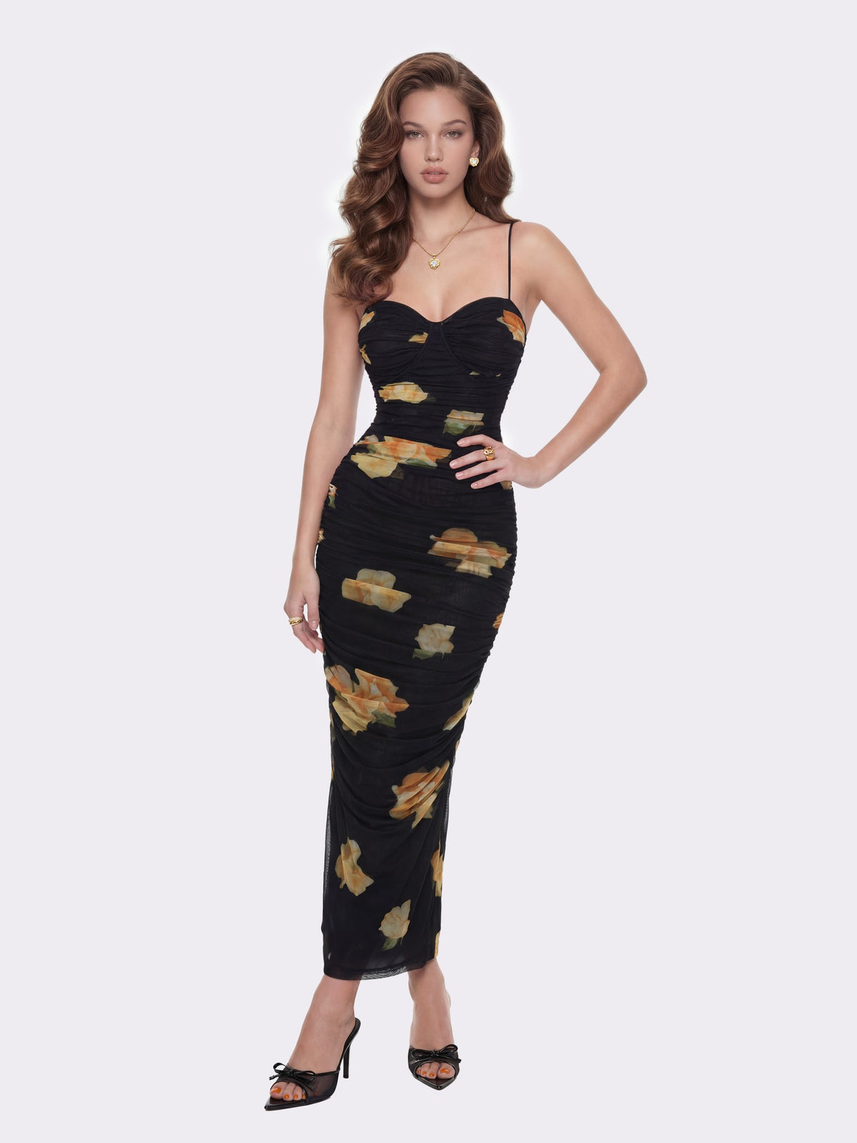 Claudia Ruched Black Floral Dress | Nana Jacqueline