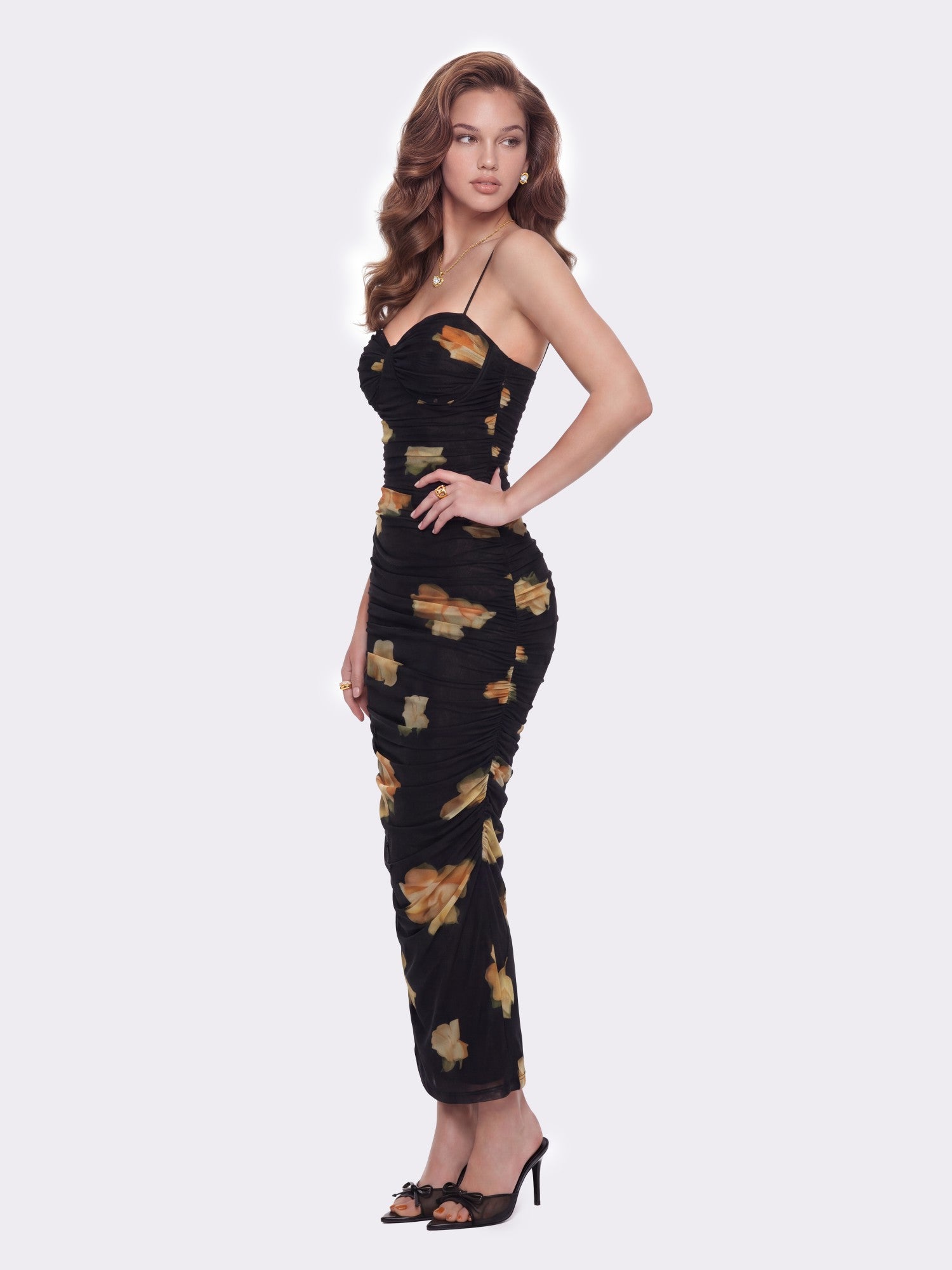 Claudia Ruched Black Floral Dress | Nana Jacqueline