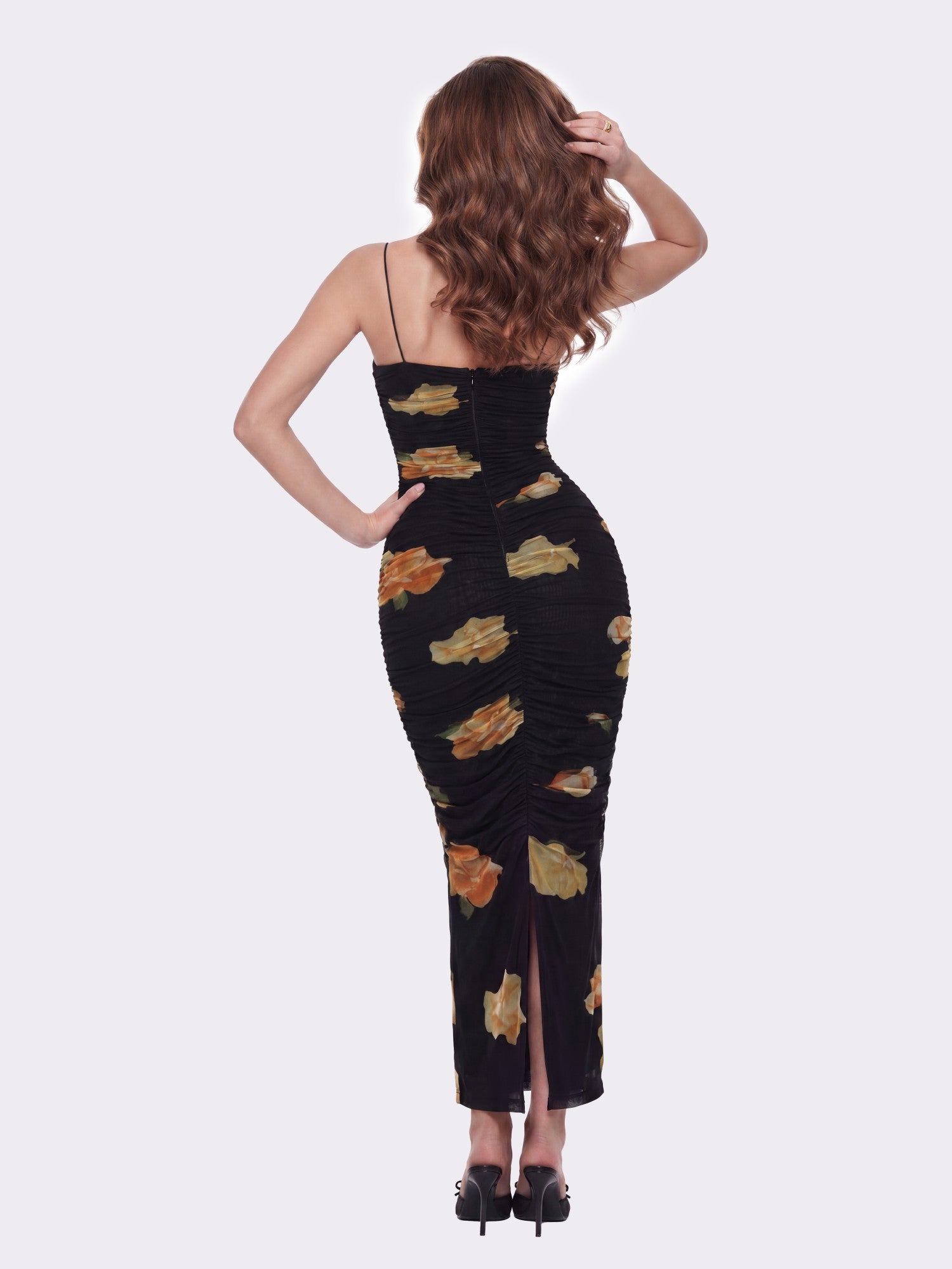 Claudia Ruched Black Floral Dress | Nana Jacqueline
