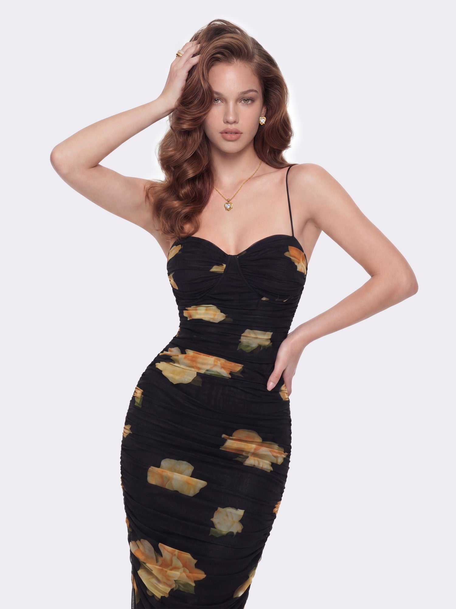 Claudia Ruched Black Floral Dress | Nana Jacqueline