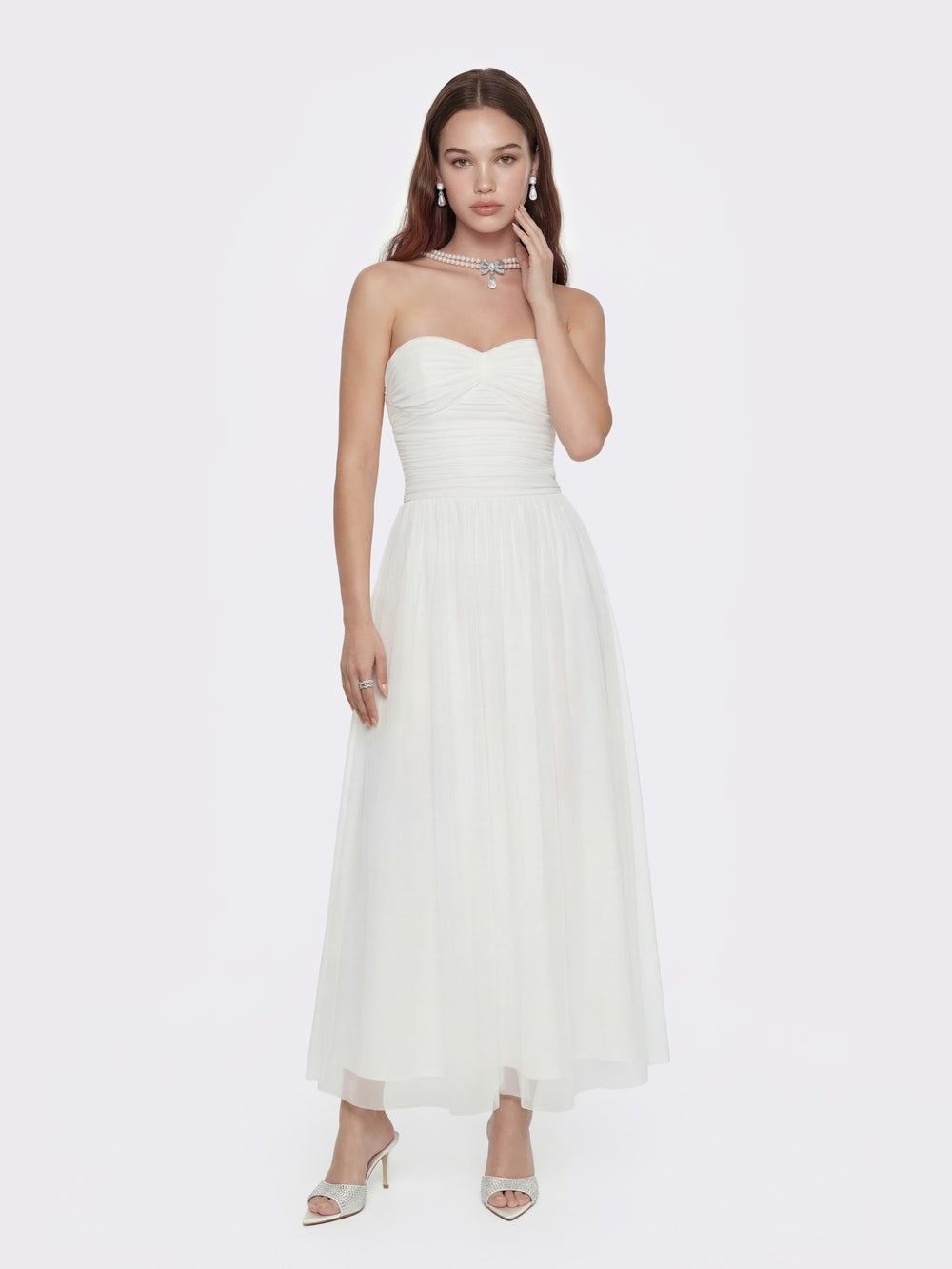 Juliette Ruched Strapless White Chiffon Dress | Nana Jacqueline
