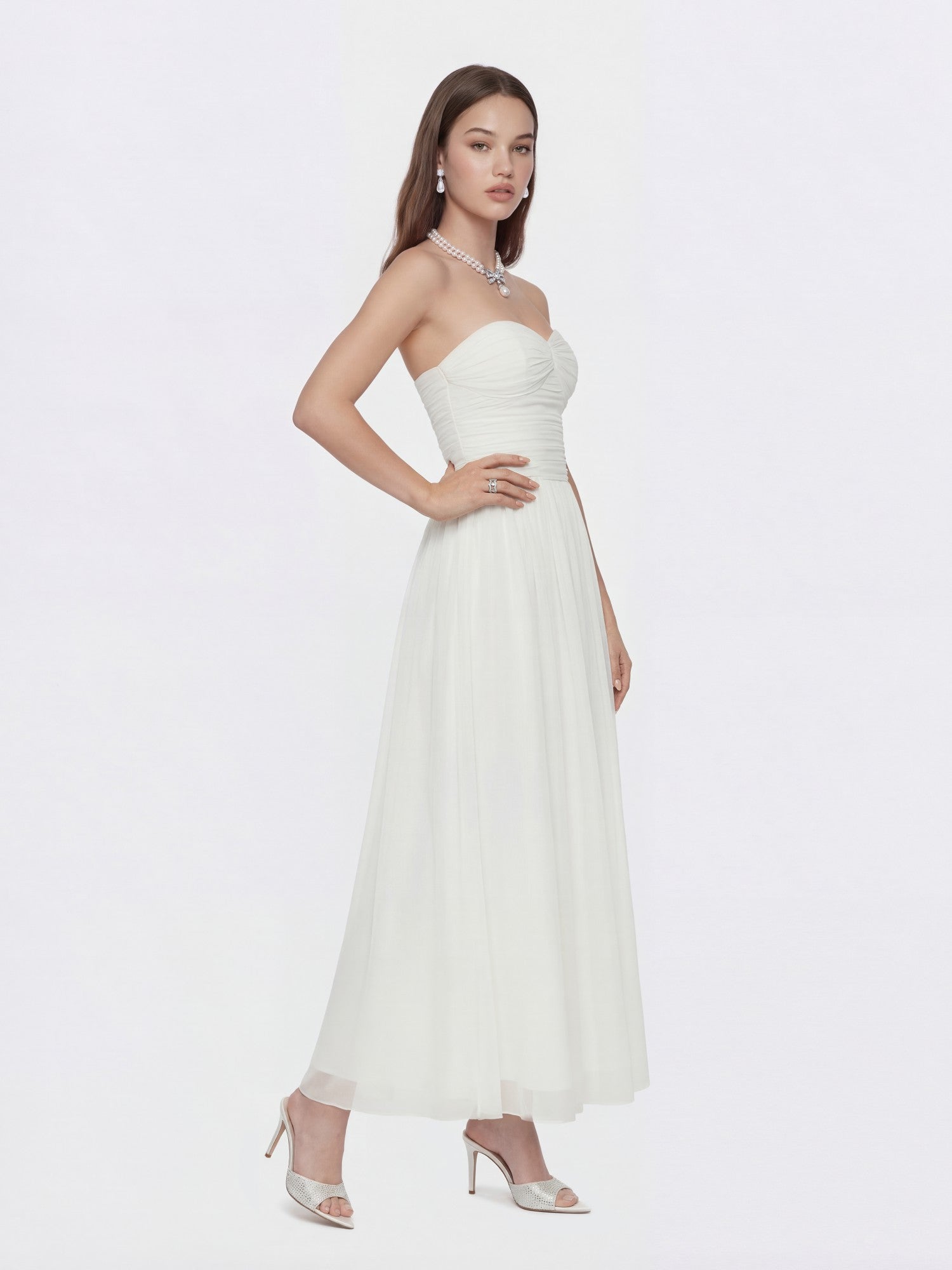 Juliette Ruched Strapless White Chiffon Dress | Nana Jacqueline