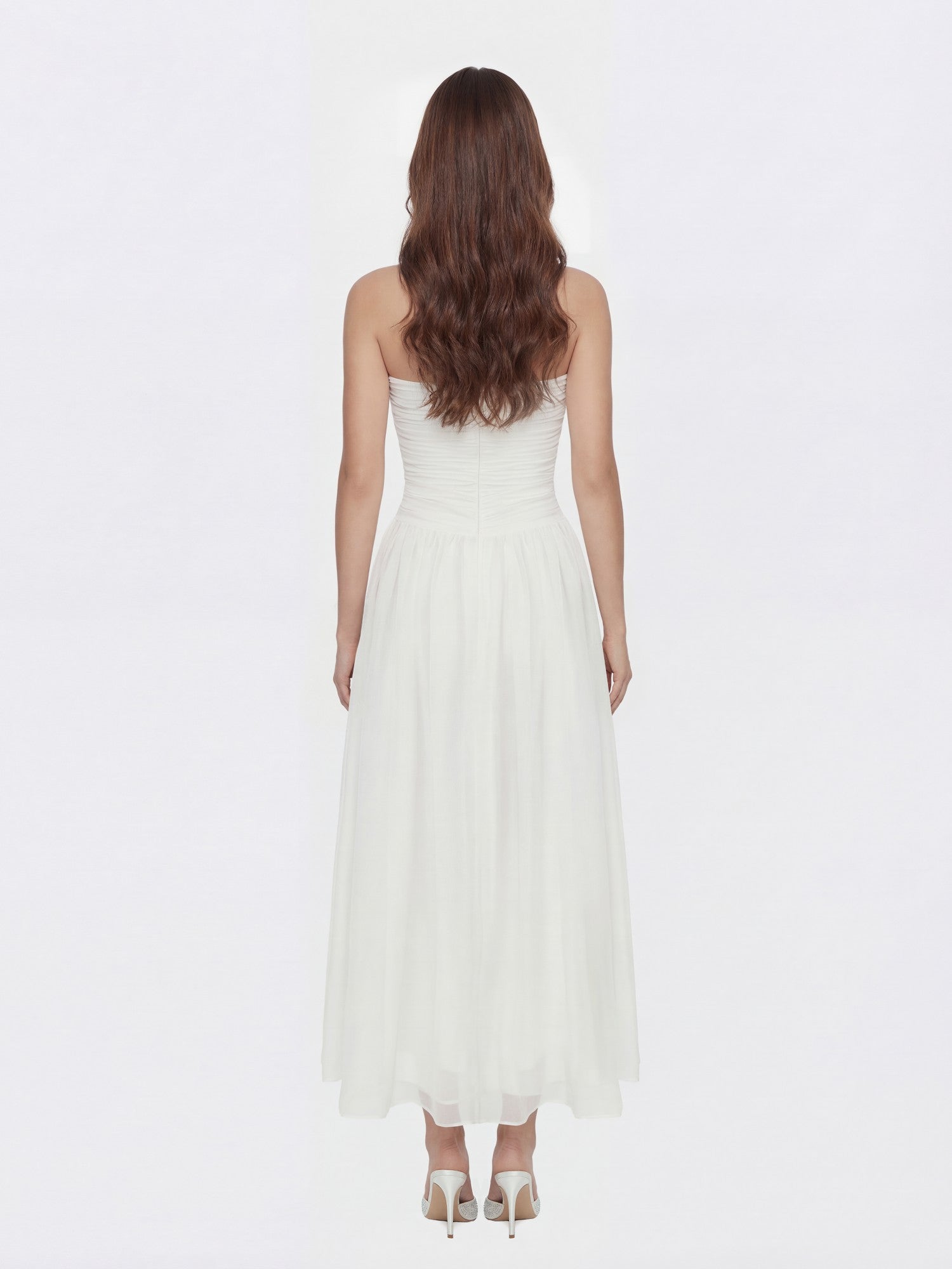 Juliette Ruched Strapless White Chiffon Dress | Nana Jacqueline