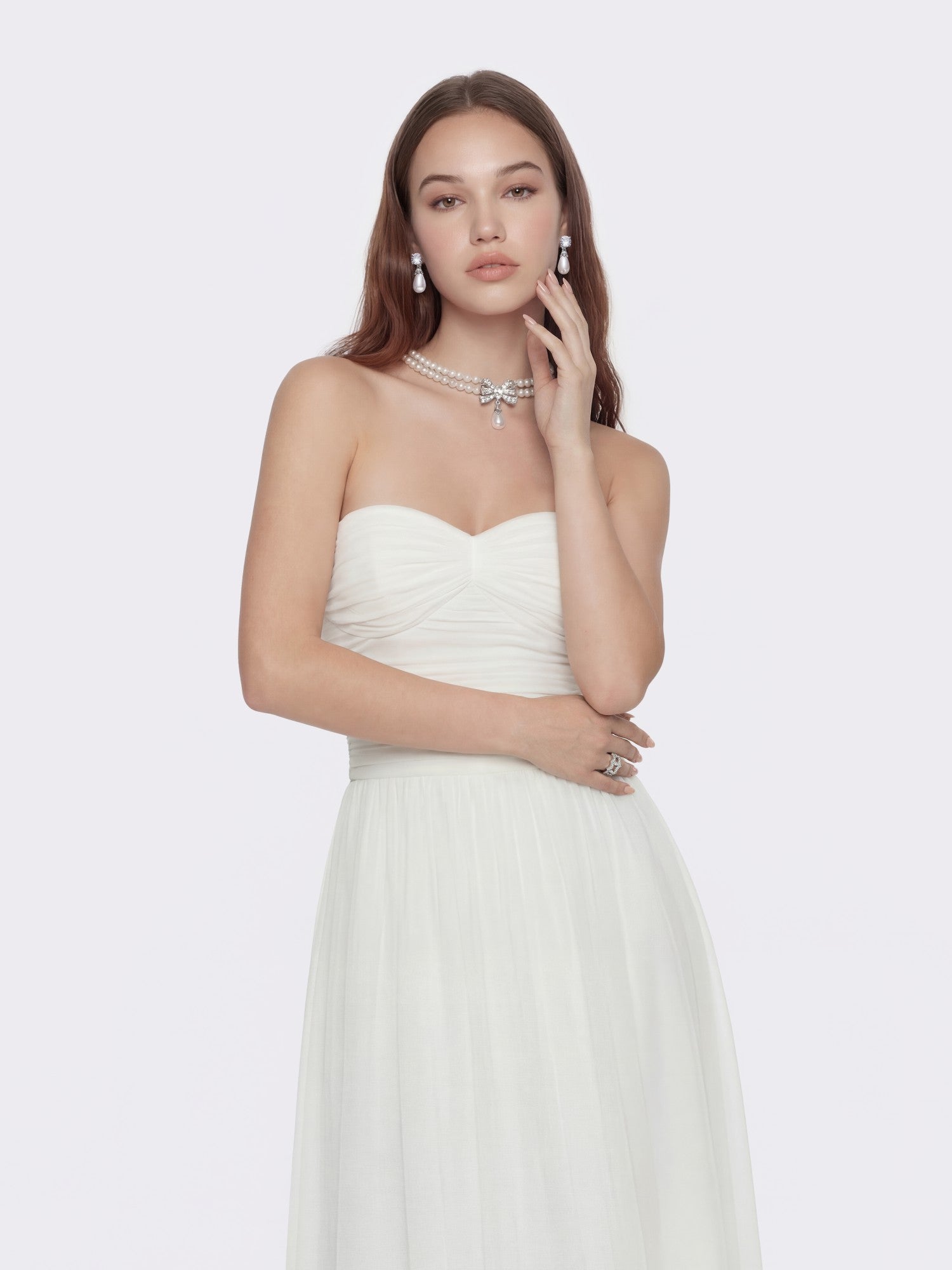 Juliette Ruched Strapless White Chiffon Dress | Nana Jacqueline