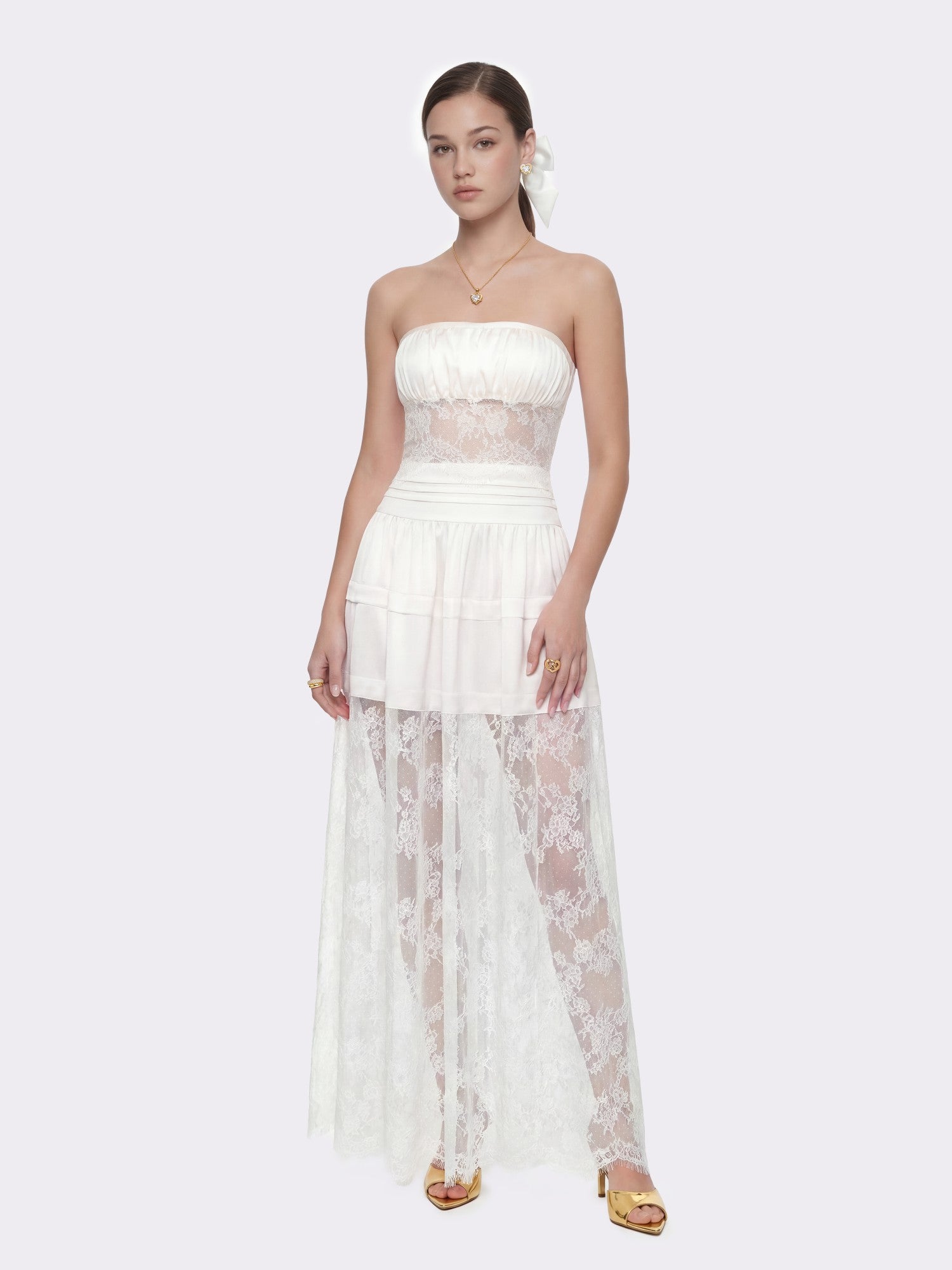 Amelie White Lace Strapless Satin Dress | Nana Jacqueline