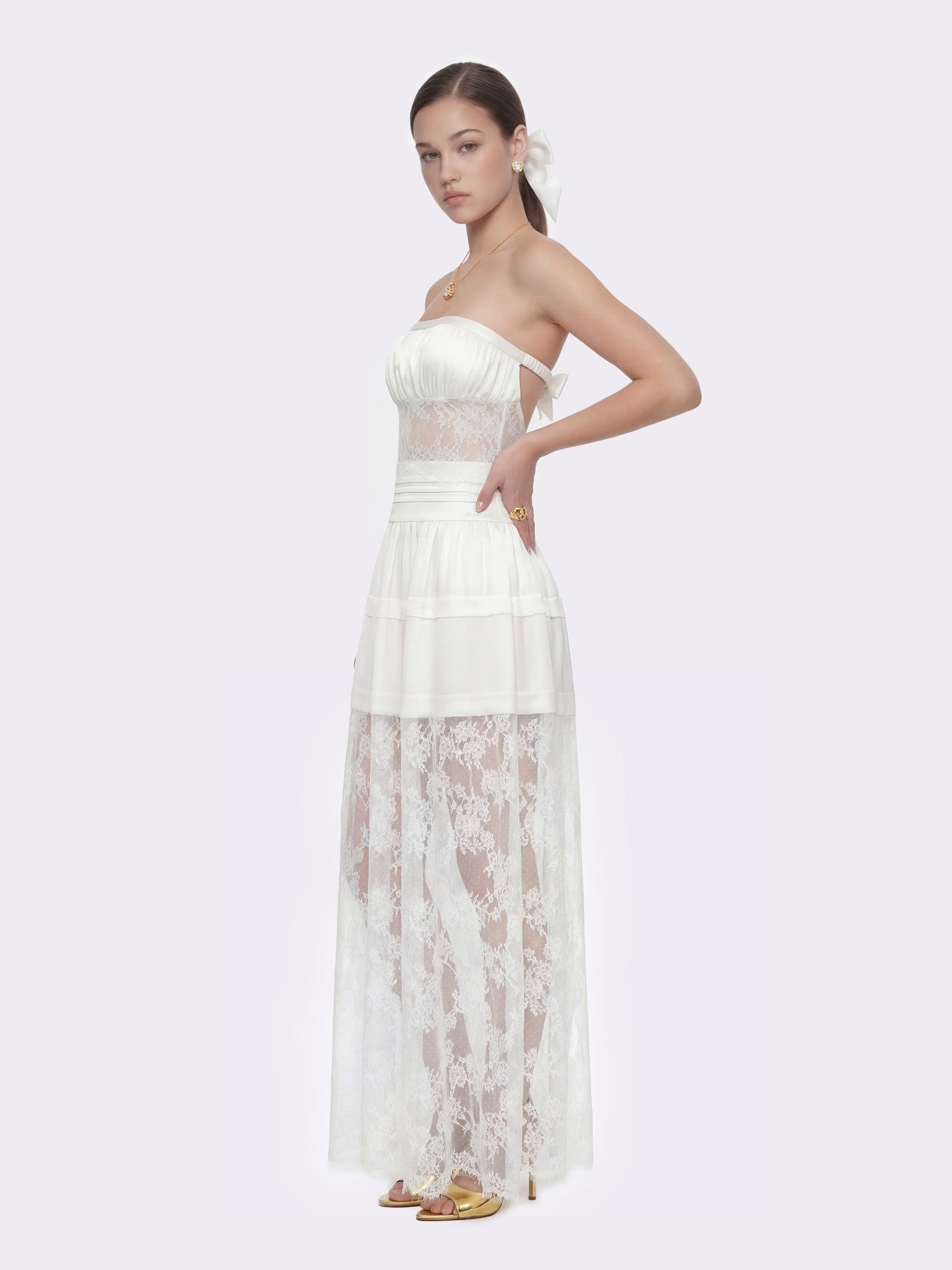 Amelie White Lace Strapless Satin Dress | Nana Jacqueline