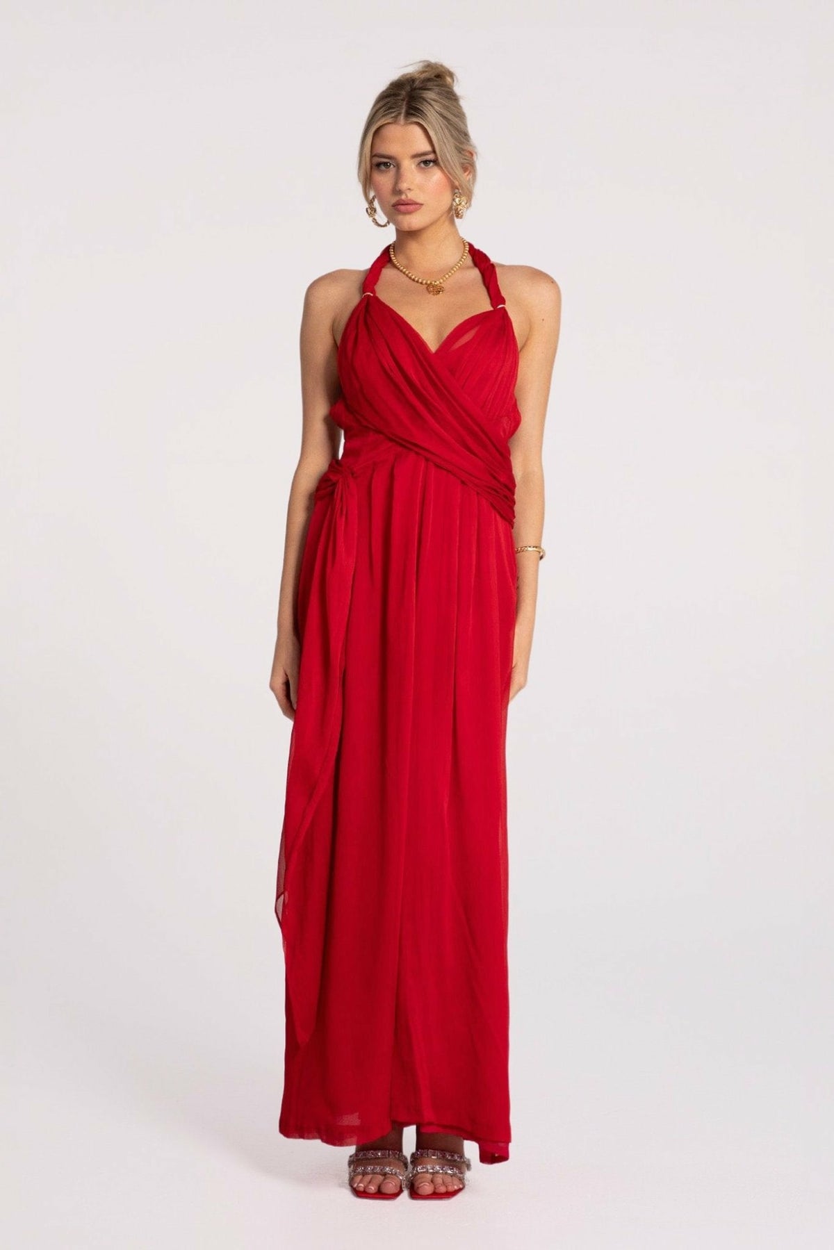 Amber Chiffon Dress: Red Maxi Dress for Formal Wedding Guest | Nana Jacqueline