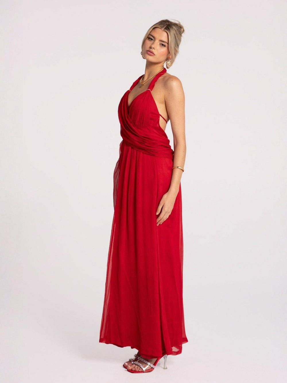 Amber Chiffon Dress: Red Maxi Dress for Formal Wedding Guest | Nana Jacqueline