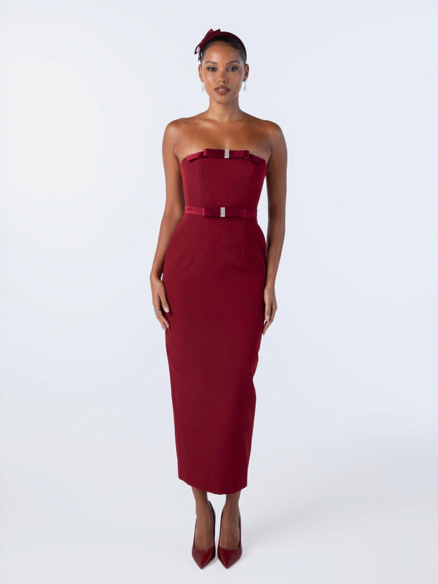 Demi Bow Dress: Red Midi Dress for Cocktail Party | Nana Jacqueline