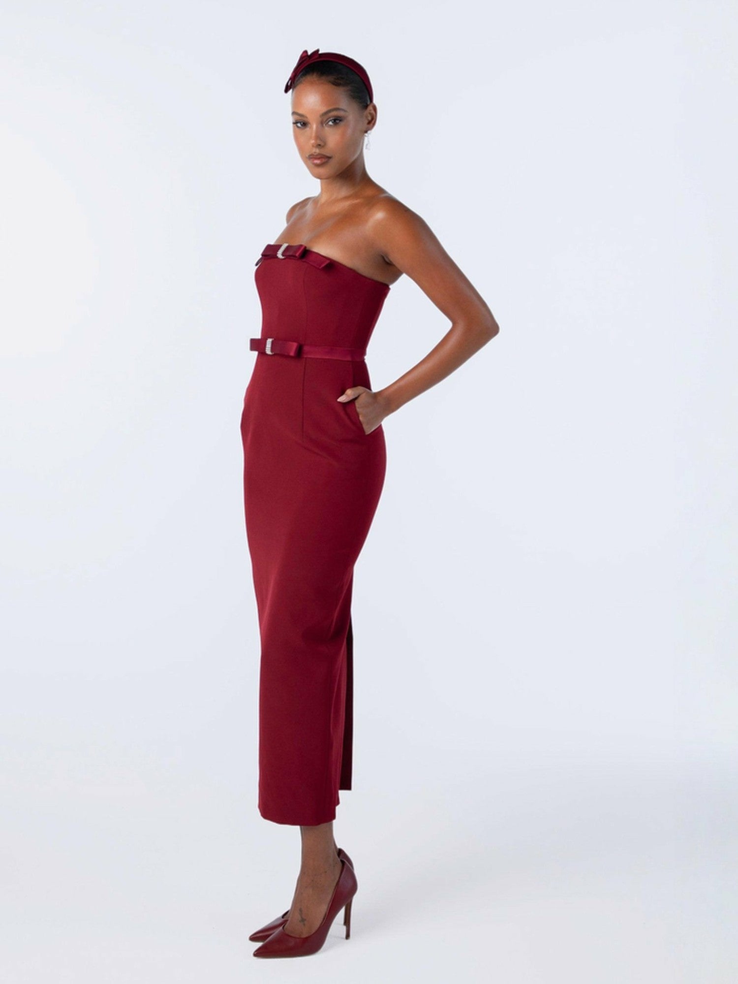 Demi Bow Dress: Red Midi Dress for Cocktail Party | Nana Jacqueline